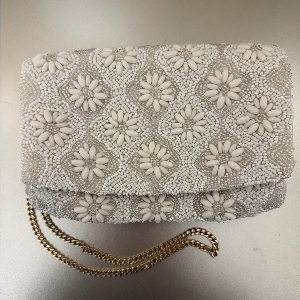 Beaded White and Cream Flap Gold Chain Crossbody